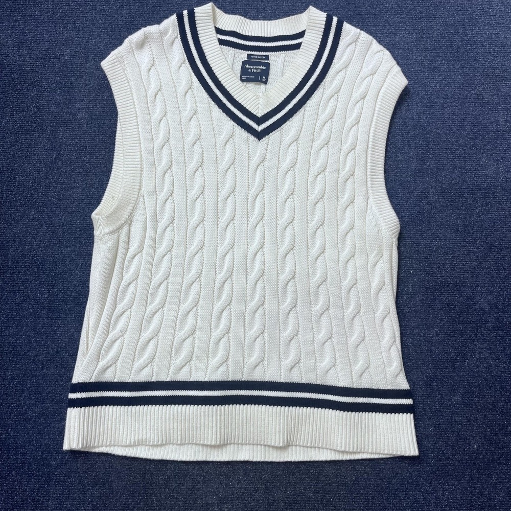 Abercrombie & Fitch Sweater Vest Womens Medium White Cable Knit V Neck Oversized